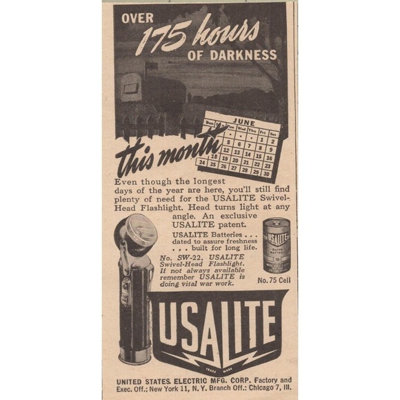USA LITE Other - USALITE Flashlight WWII Over 175 Hours of Darkness Vintage Print Ad 1945